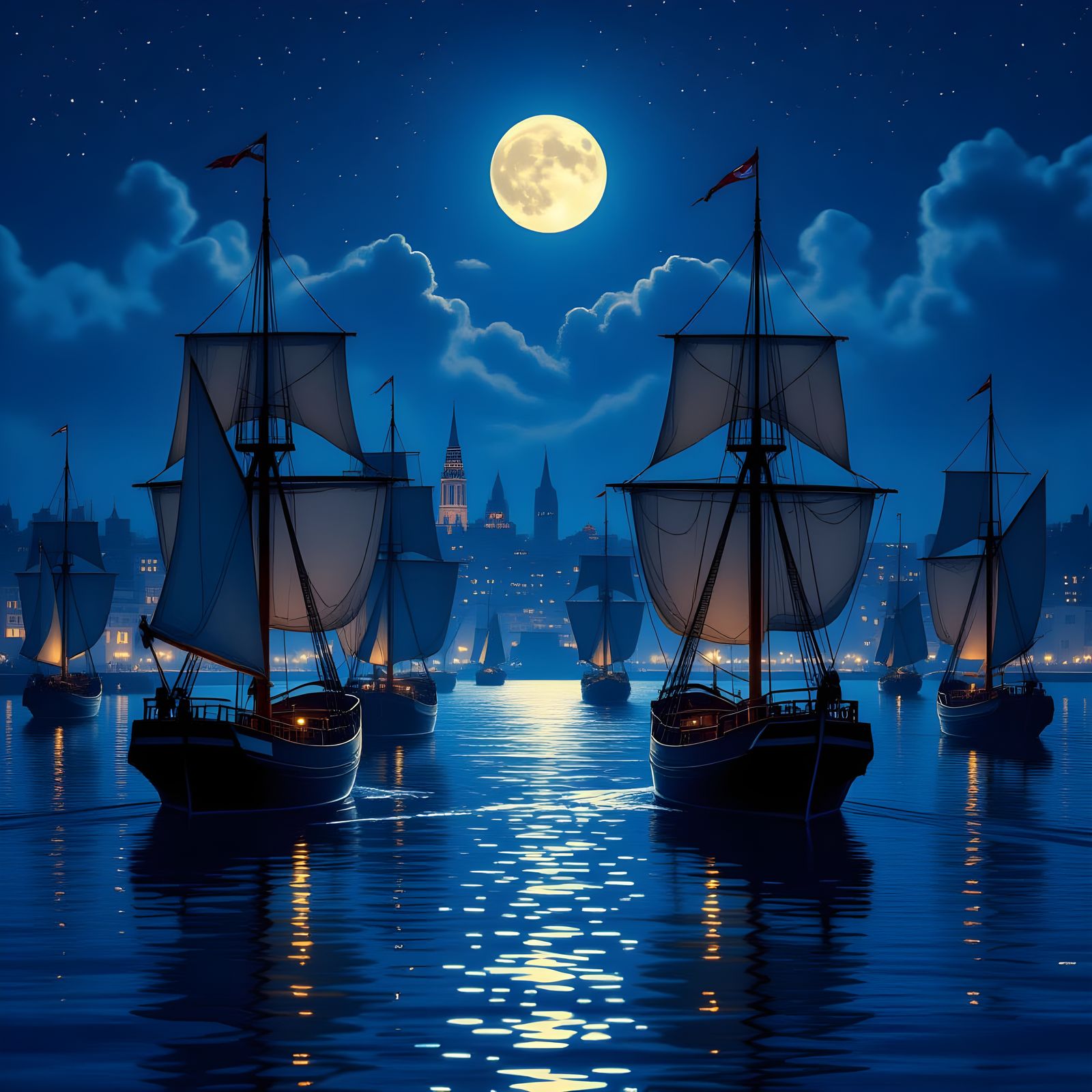 Moonlit Harbor Ships Under Starry Sky