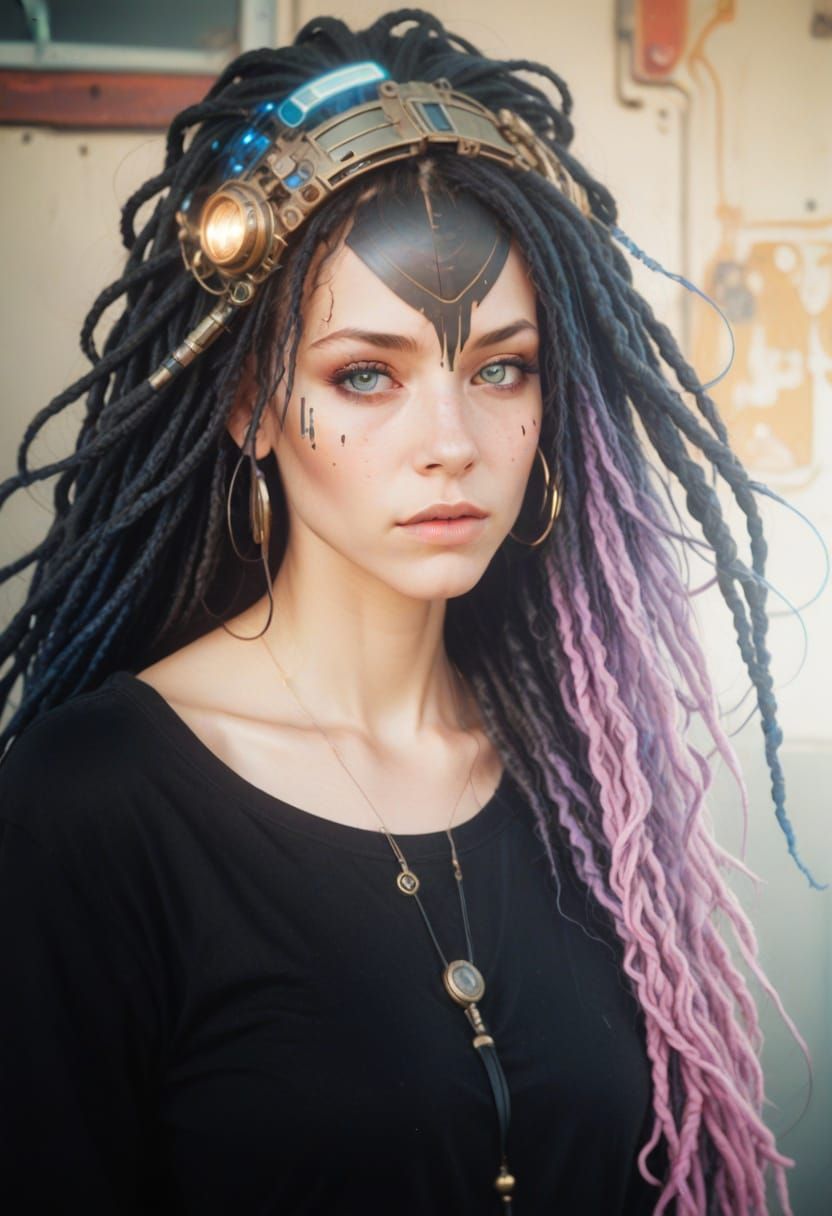 Hyperrealistic Cyberpunk Woman with Blue Dreadlocks and Andr...