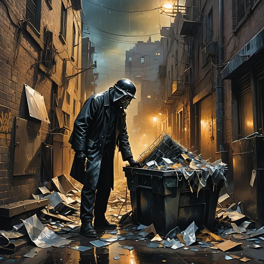 Surrealist Dumpster Diver in the Style of Magritte