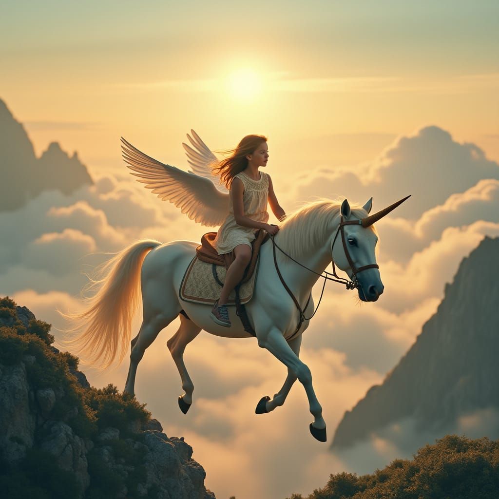 Winged Unicorn Flight Above Golden Clouds