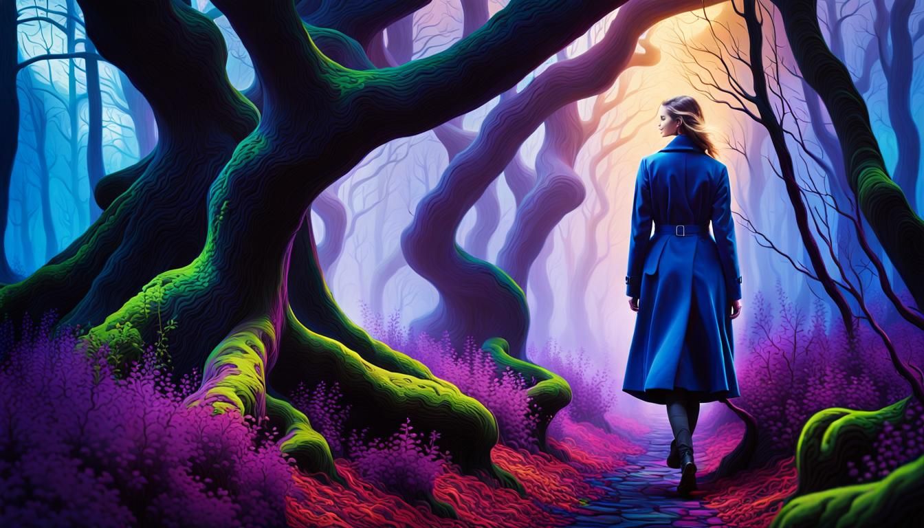 Surreal Woman in Dark Forest with Twisted Trees