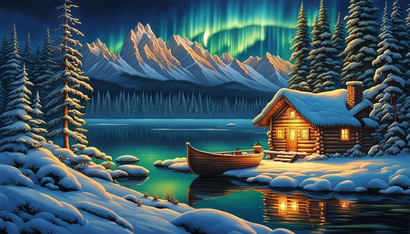 Snowy Log Cabin Under Aurora Borealis