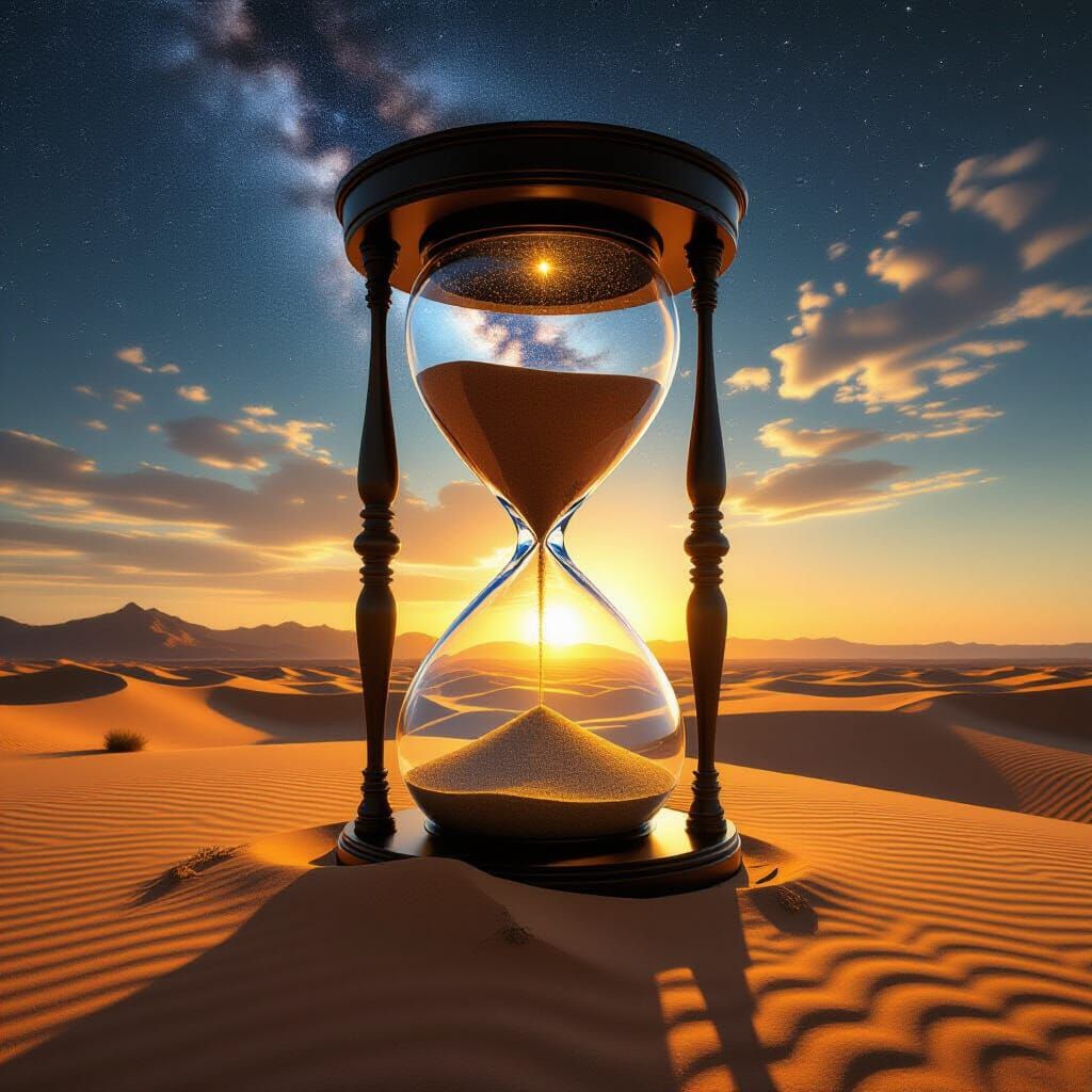 Cosmic Hourglass in Desert Landscape, Dali-Inspired
