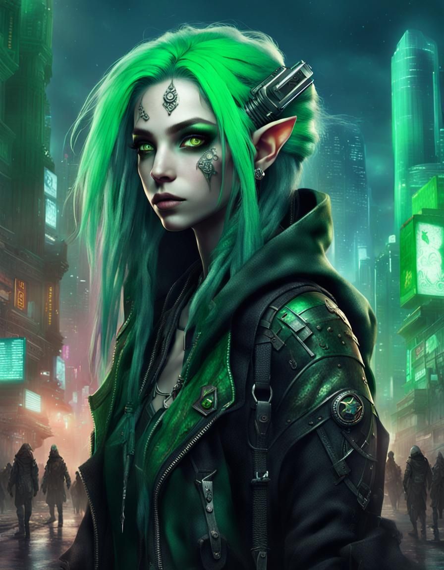 Punk Dark Elf Girl in Cyberpunk Cityscape