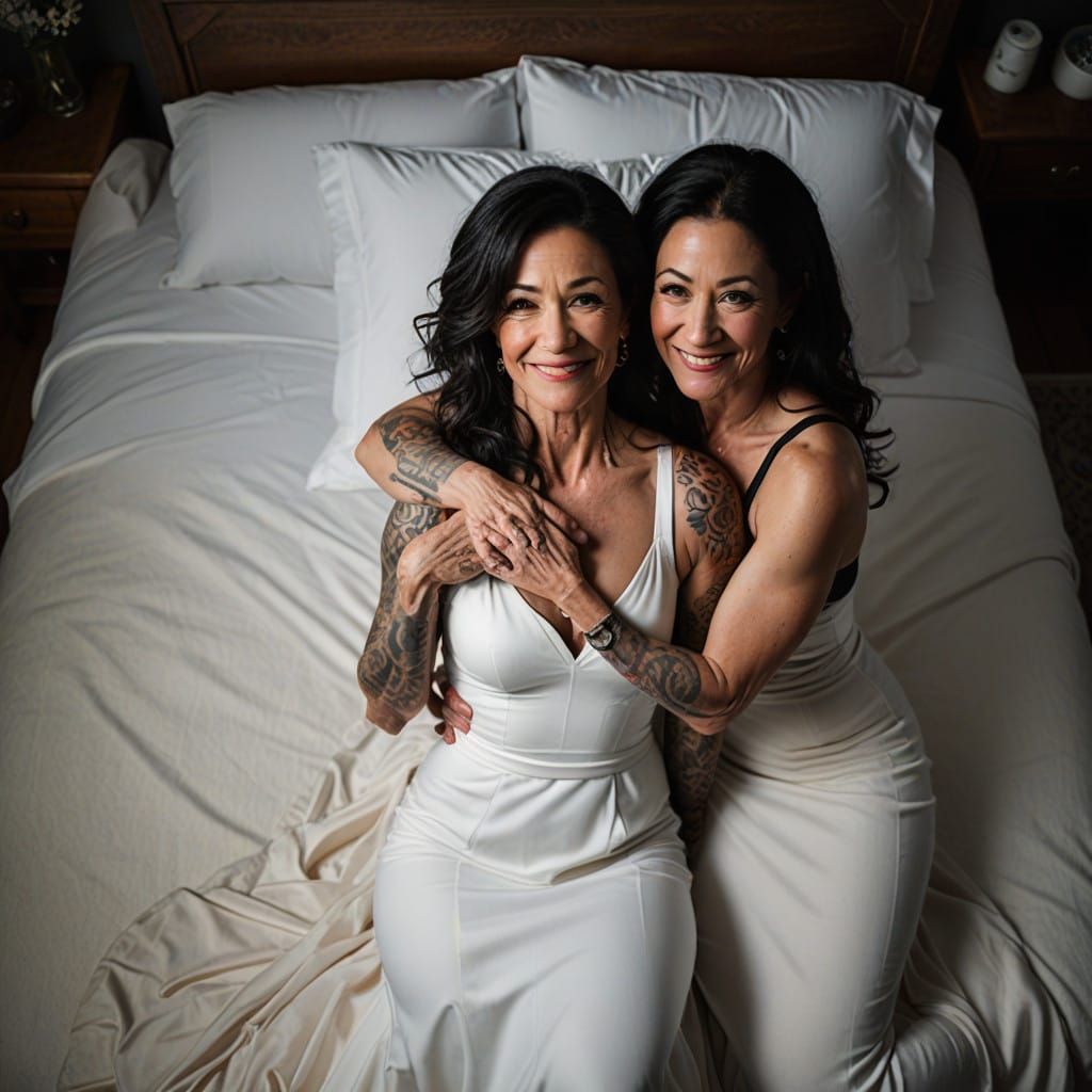 Female Bodybuilders Hugging in Low Light Bedroom