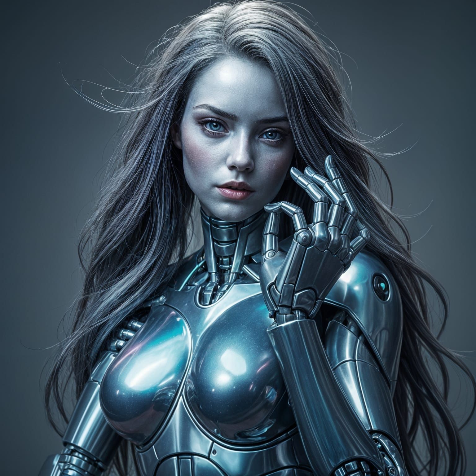 Iridescent Robot Mermaid with Stoic Expression