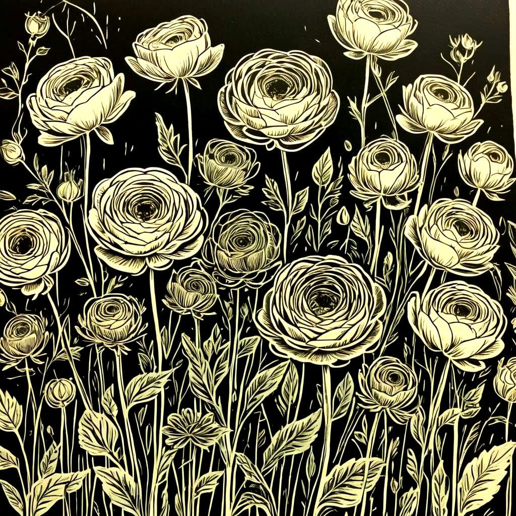 Lino Cut Print of a Ranunculus Flower