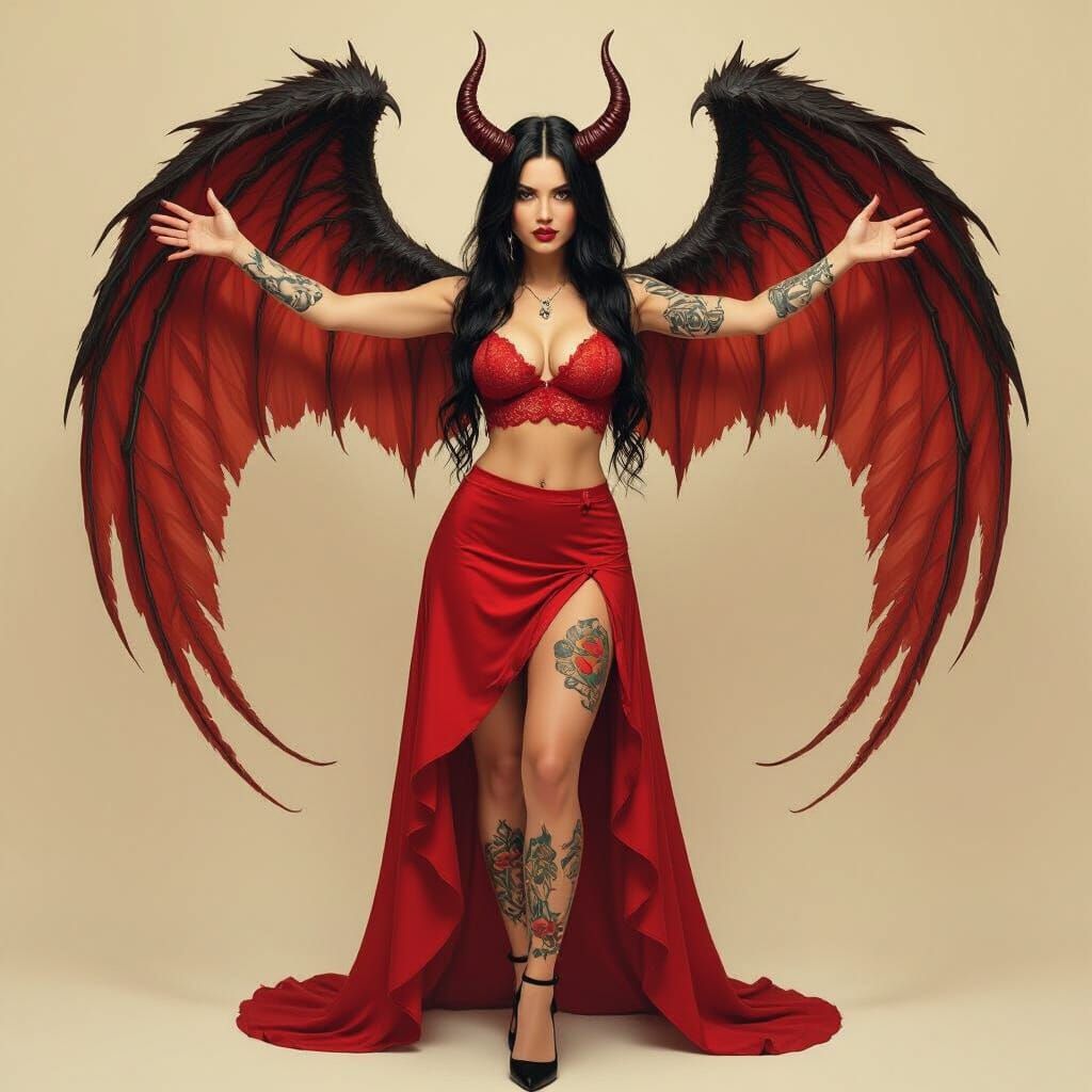 Alluring Woman with Wings and Tattoos in Realistic Style
