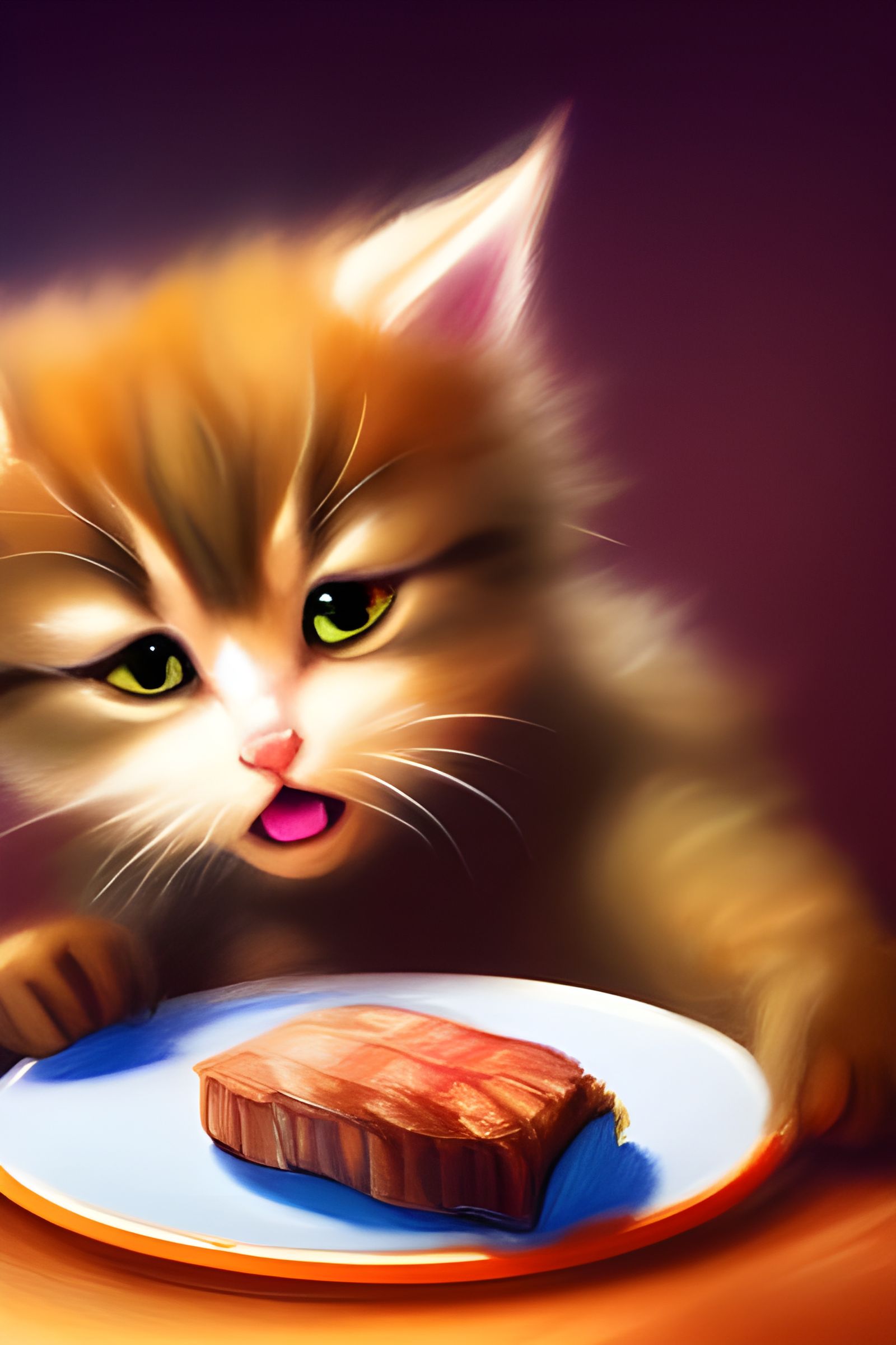 Angry Kitten Eating Steak in Studio Ghibli Style