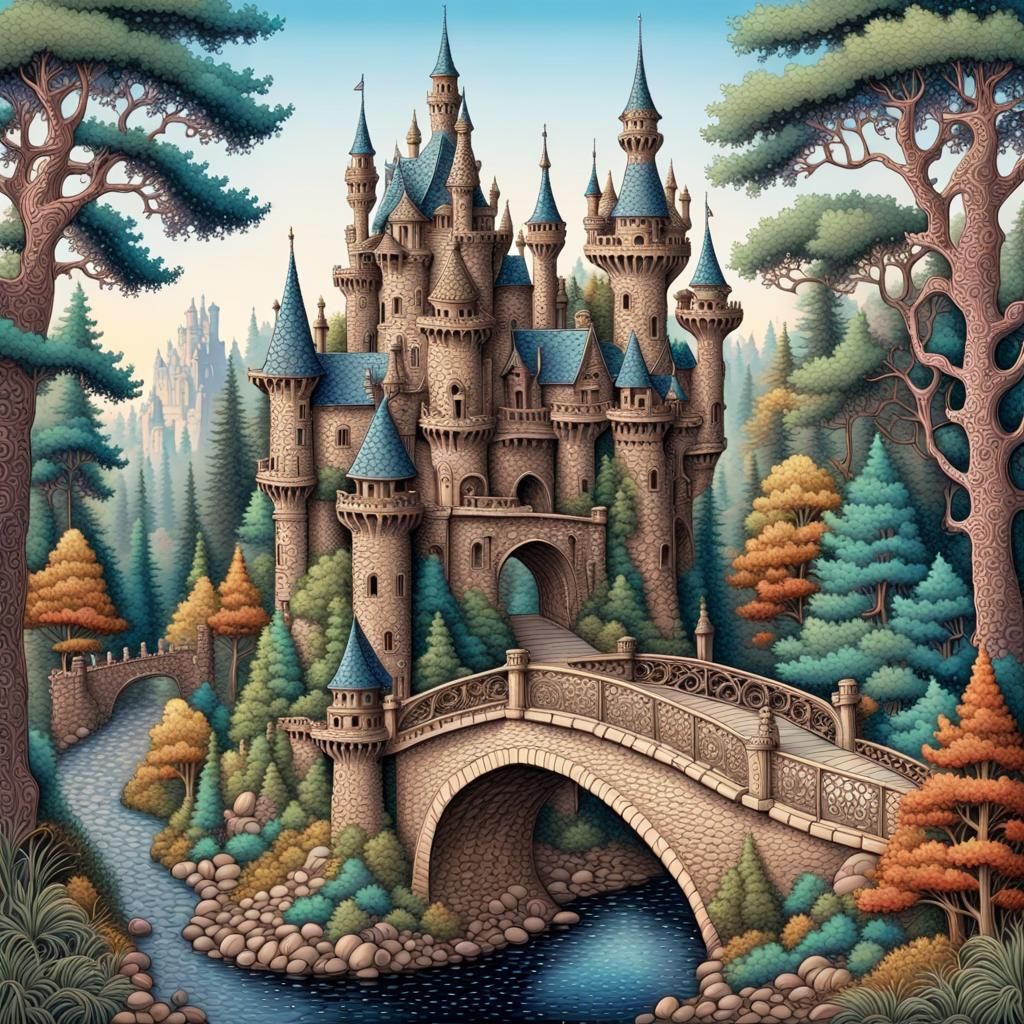 Detailed Castle with Bridge in Pointillism Style