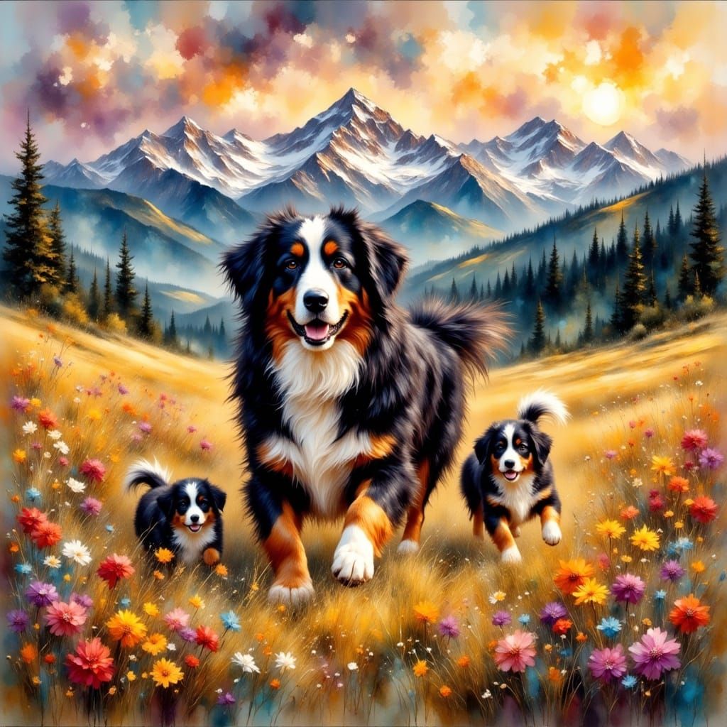 Bernese Mountain Dogs Playing in Impressionistic Style