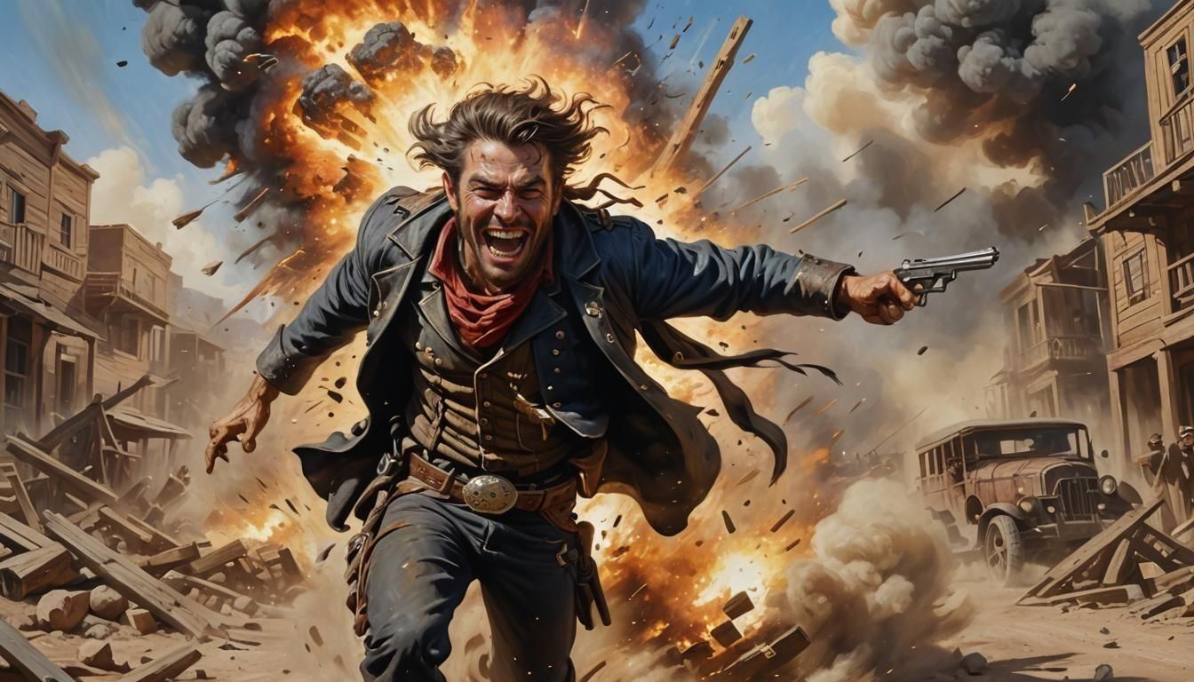 Wild West Bandit Escapes Explosion: Action Oil Painting