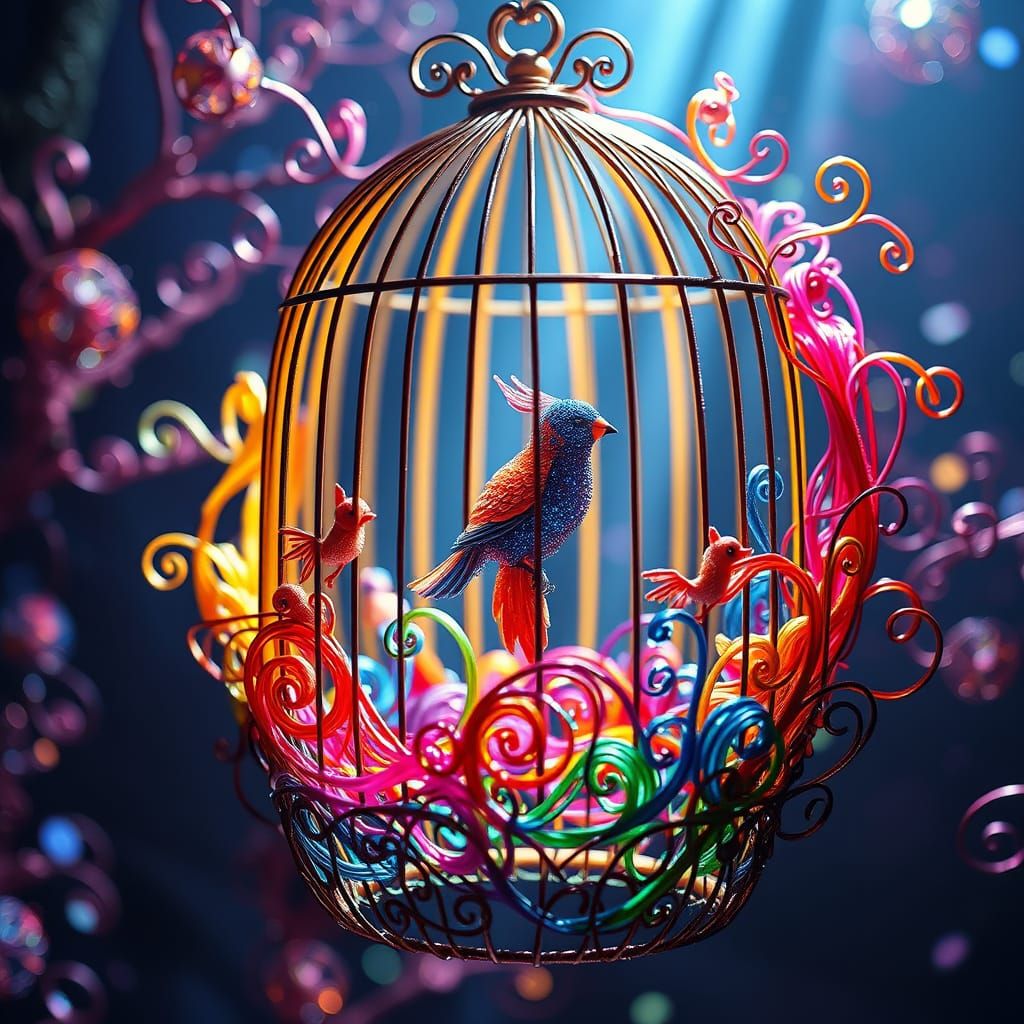 Ornate Birdcage of Colorful Quilling Wires in Prismatic Web
