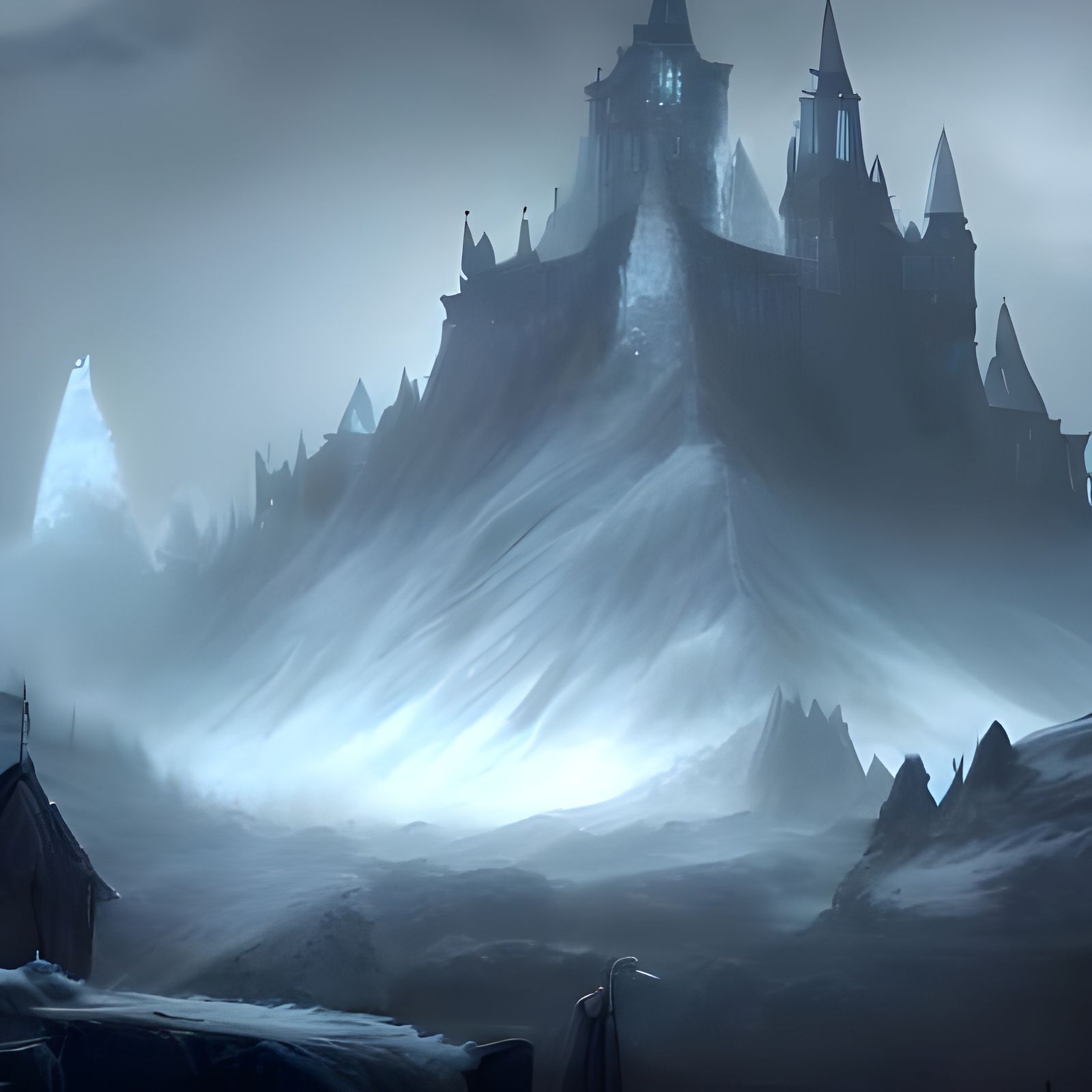 Grim Frozen Castle in Arctic Landscape