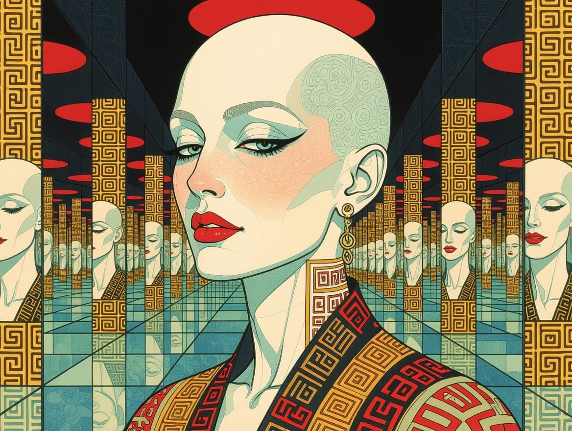 Ethereal Portrait in Futuristic Hall of Mirrors