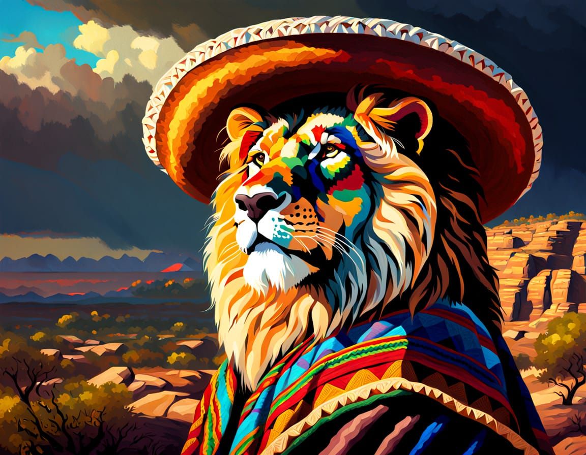 Lion in Sombrero and Poncho: Oil Painting