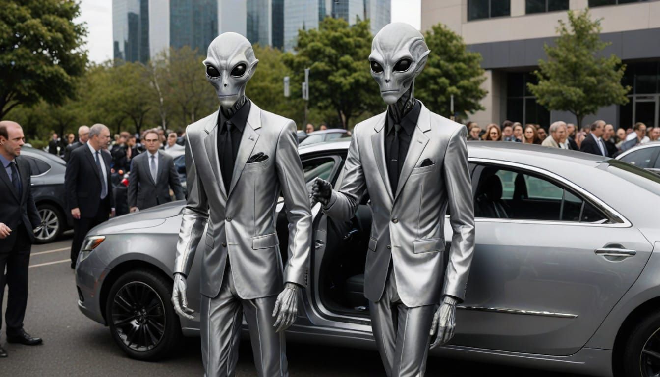 Grey Alien in Silver Suit Enters Sleek Sedan
