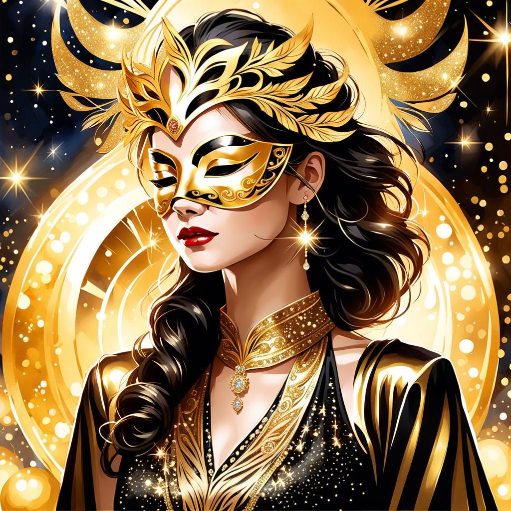 Woman in Golden Masquerade Mask, Watercolor Art