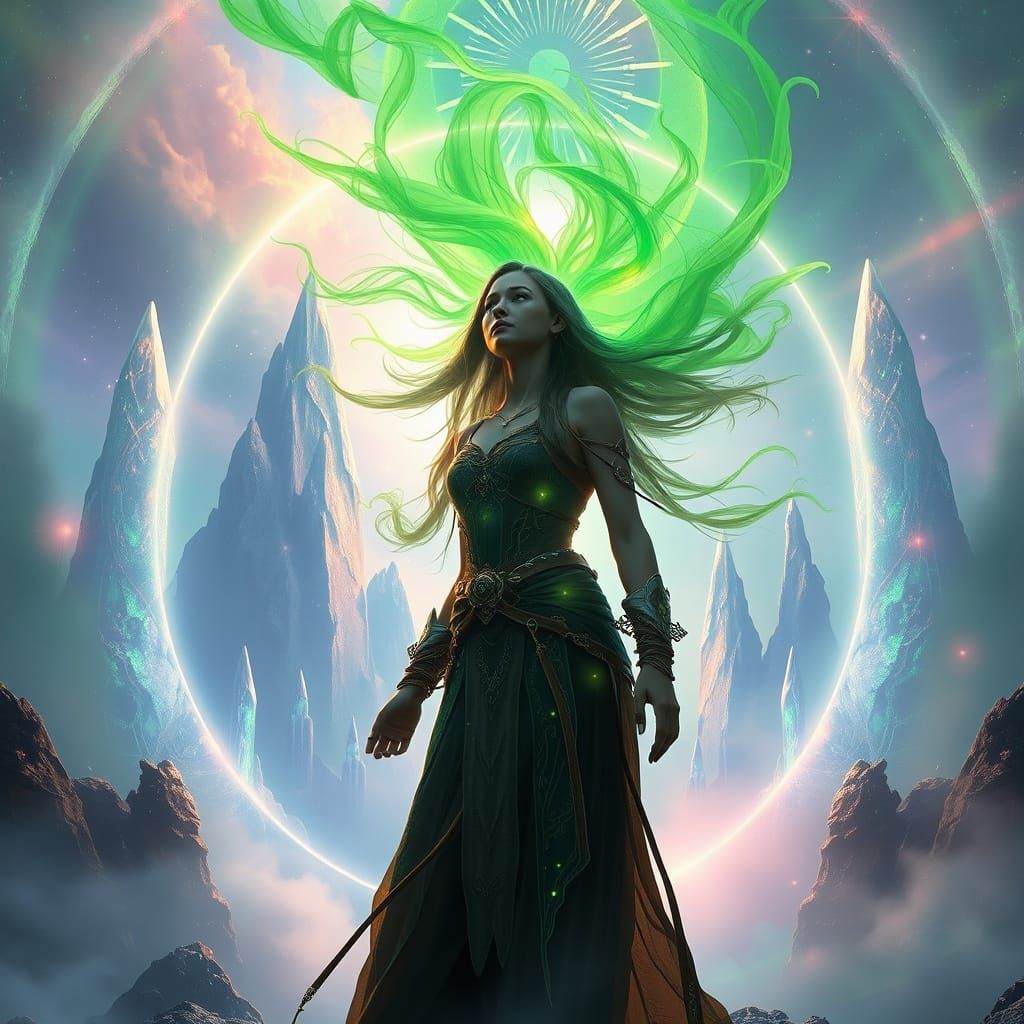 Woman Harnesses Gaia's Power in Shimmering Portal