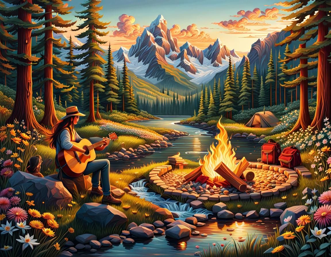 Idyllic Campsite with Guitarist and Campfire