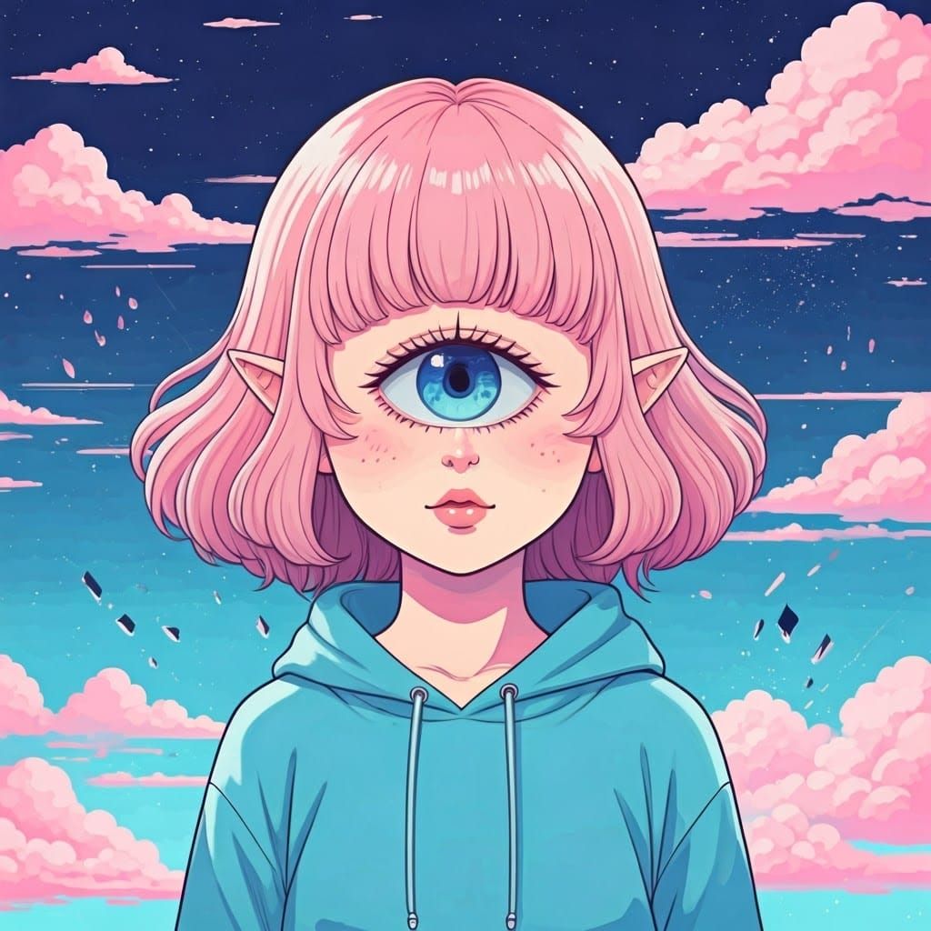 Dreamlike Cyclops Girl in Vibrant Pastel Pink