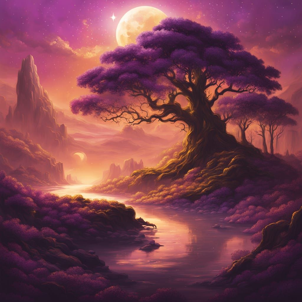 Ethereal Crystal Forest Under Violet and Gold Sky