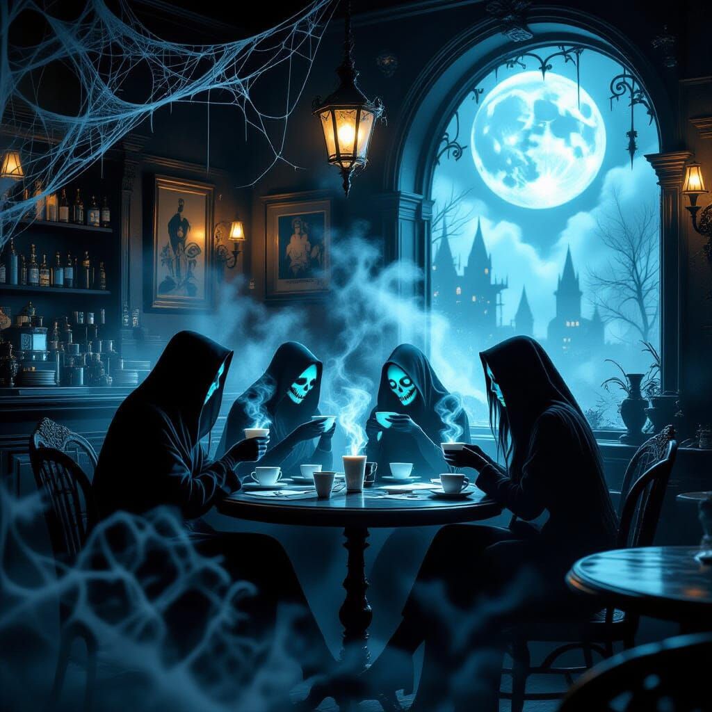 Spooky Moonlit Coffeehouse With Ghostly Baristas