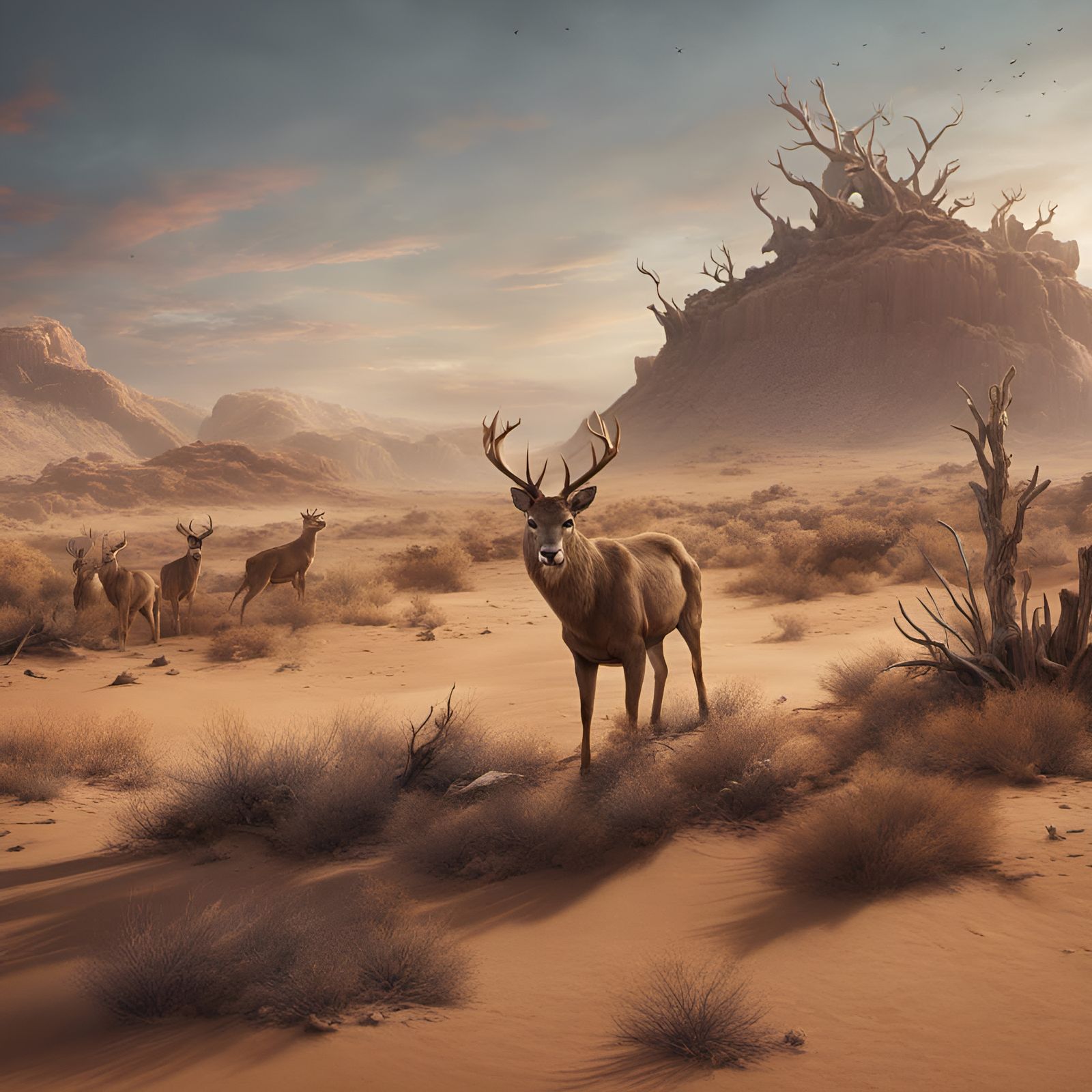 Lion Hunting Deer in Desert: Detailed Matte Painting