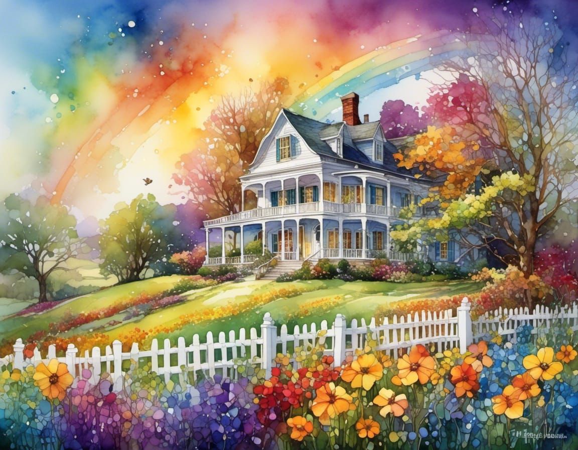 Rainbow Over Farmstead with Spring Flowers