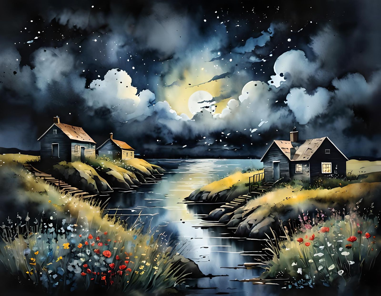 Moody Fishing Village in Watercolor Moonlight