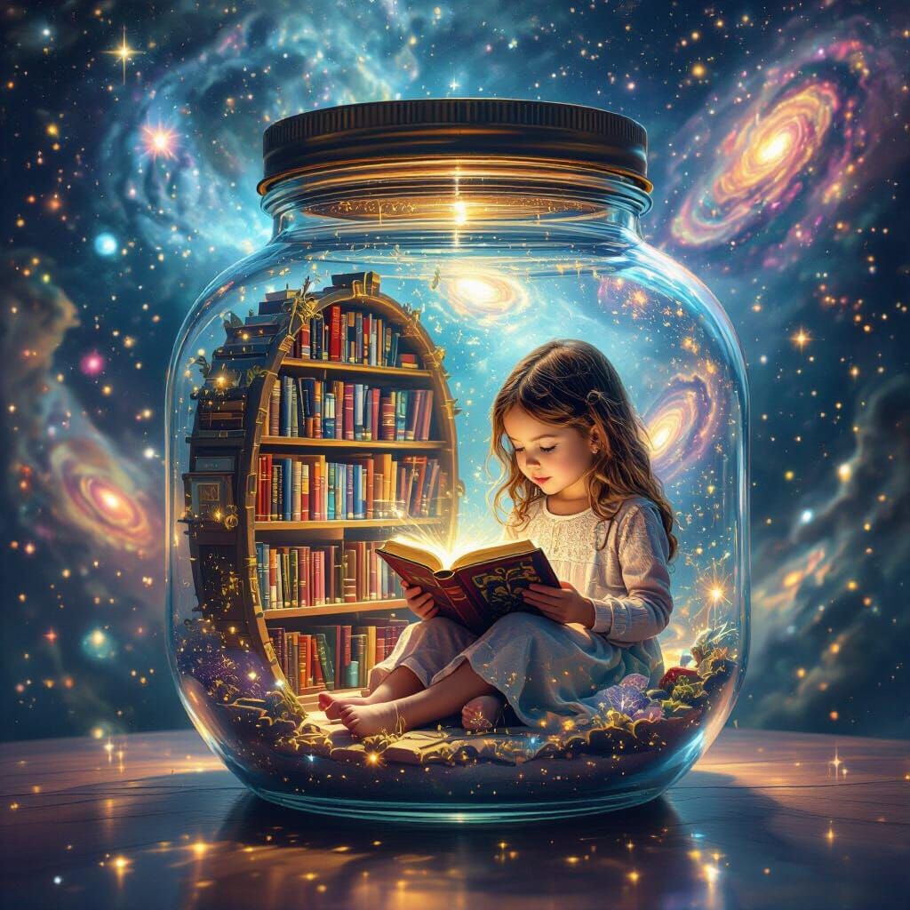 Girl Reading in Cosmic Jar Library