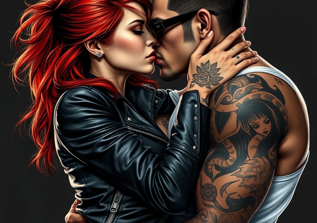 Passionate Kiss in High-Contrast Charcoal Style