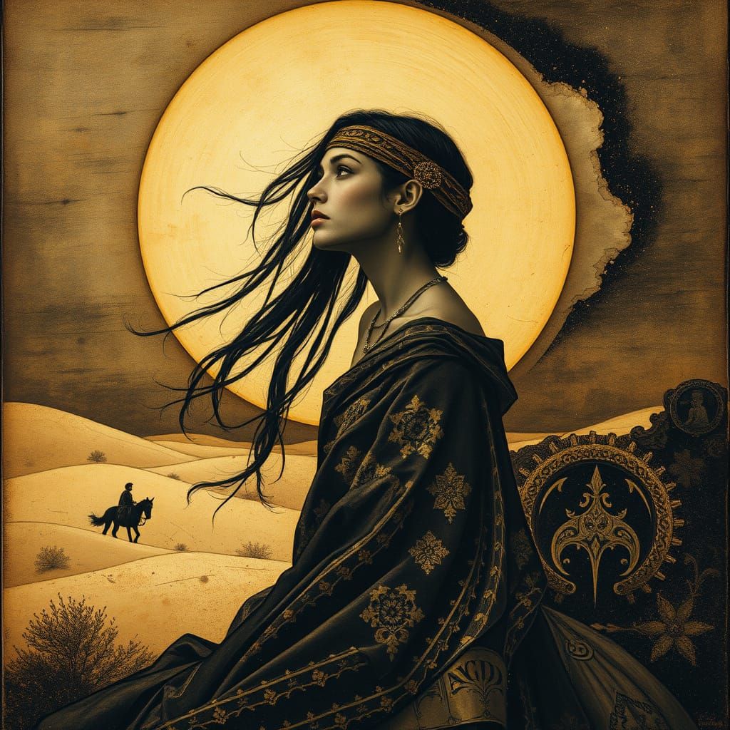 Mystic Nomad in Art Nouveau Style, Charcoal and Encaustic Wa...