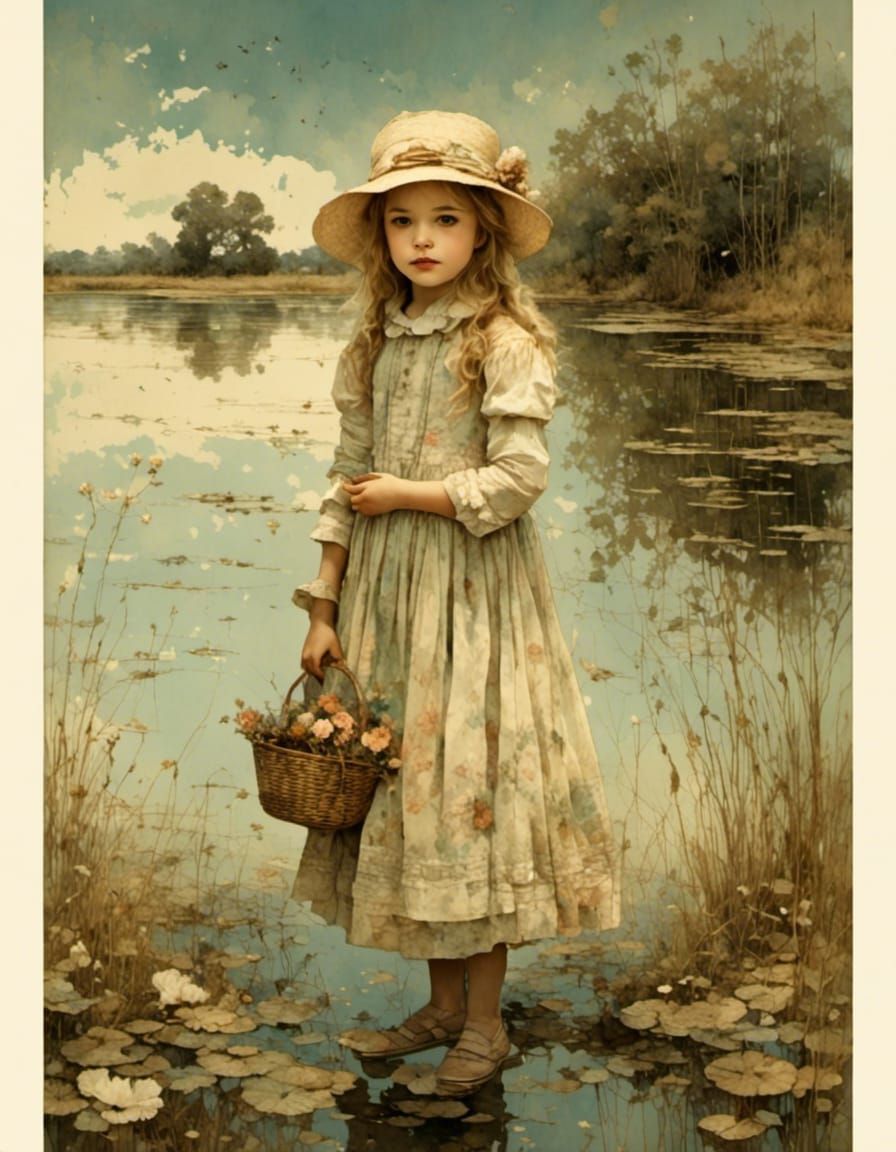 Girl with Doll by Pond in Pyrography Style