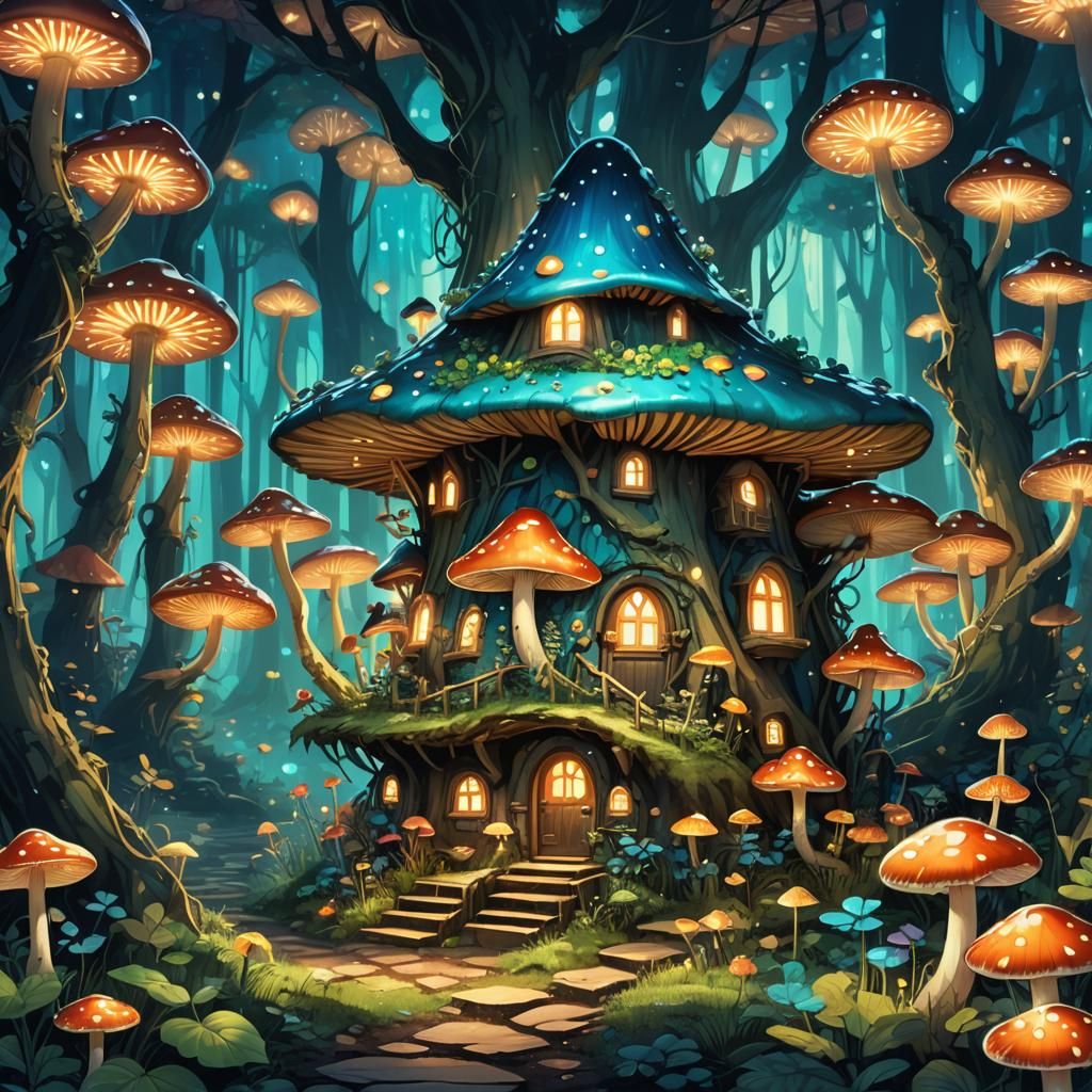 Glowing Fairy Mushroom House in Anime Style