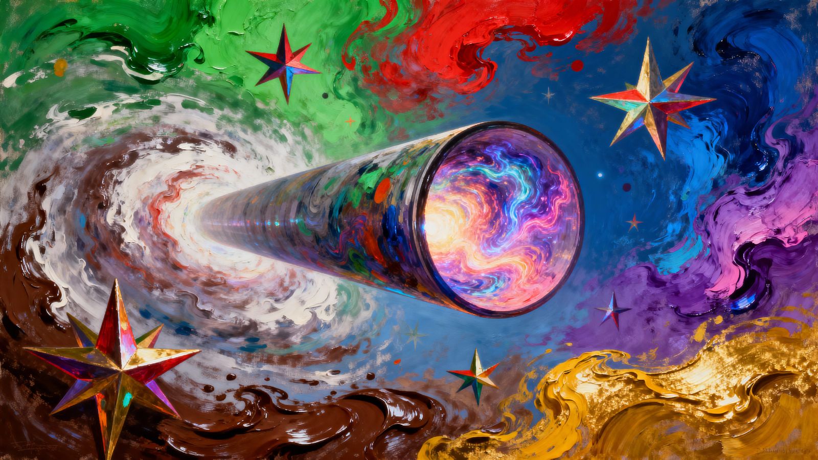 Rainbow Enamel Cylinder Speeds Through Emotional Sky