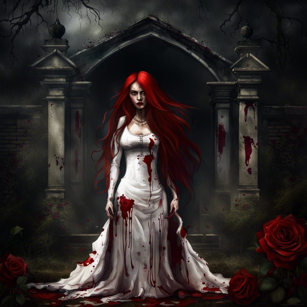 Ominous Gothic Mansion with Red-Haired Woman