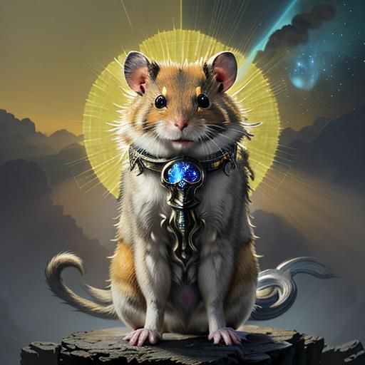Tiny, wise, holy hamster standing on hind legs, paws clasped together in reverent prayer, surrounded by soft, golden lig...