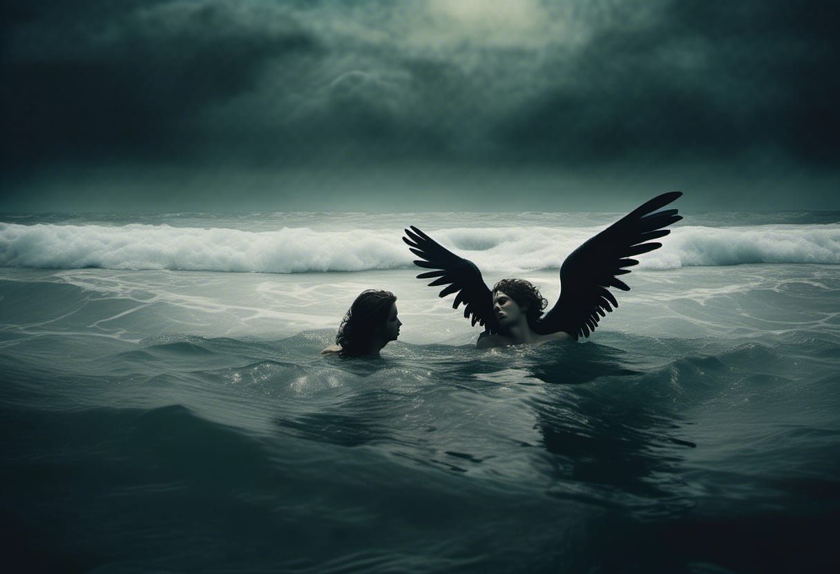 Dark Angel Protects Drowning Man: Ethereal Pictorialism