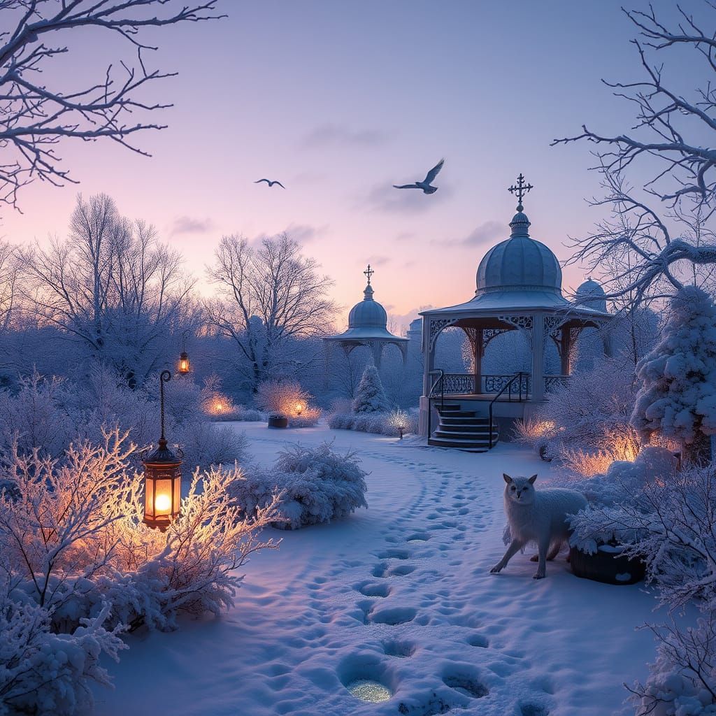 Snowy Garden at Twilight with Bioluminescent Flora