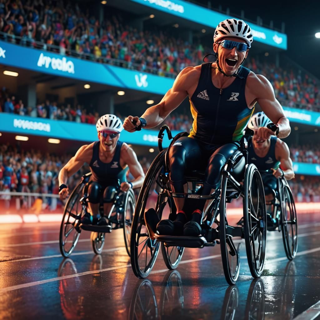 Winner of the race,at finish line. resilience of Paralympic athletes.in wheel chairs winning a race. we celebrate the de...