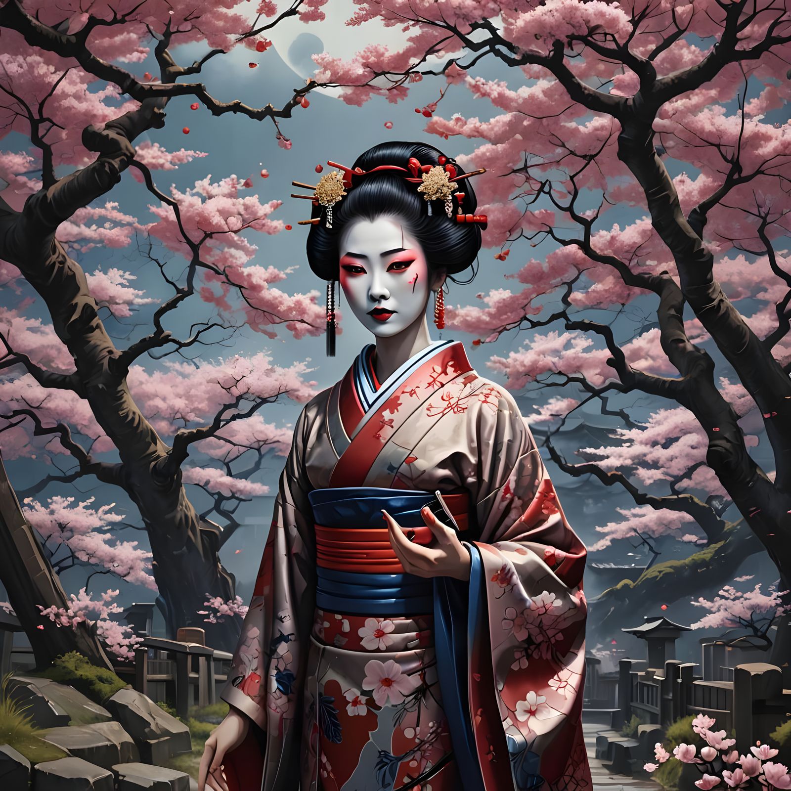 Geisha Under Cherry Tree in Junji Ito Style