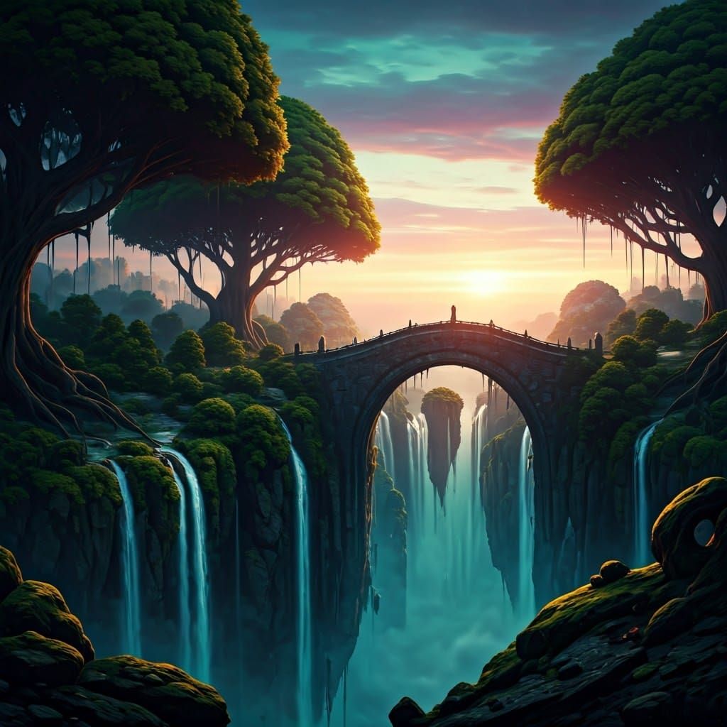 Floating Islands with Stone Bridges at Twilight