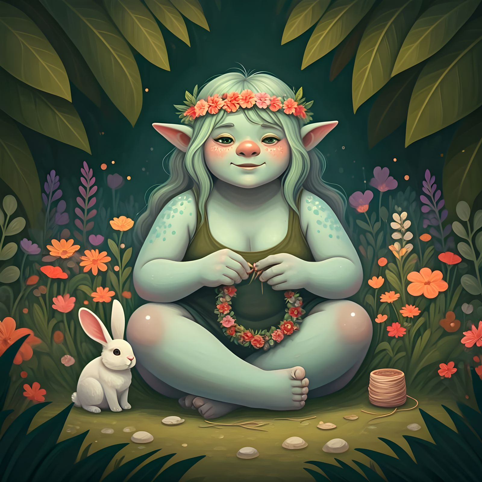 Friendly Troll Girl in Enchanted Forest, Digital Painting