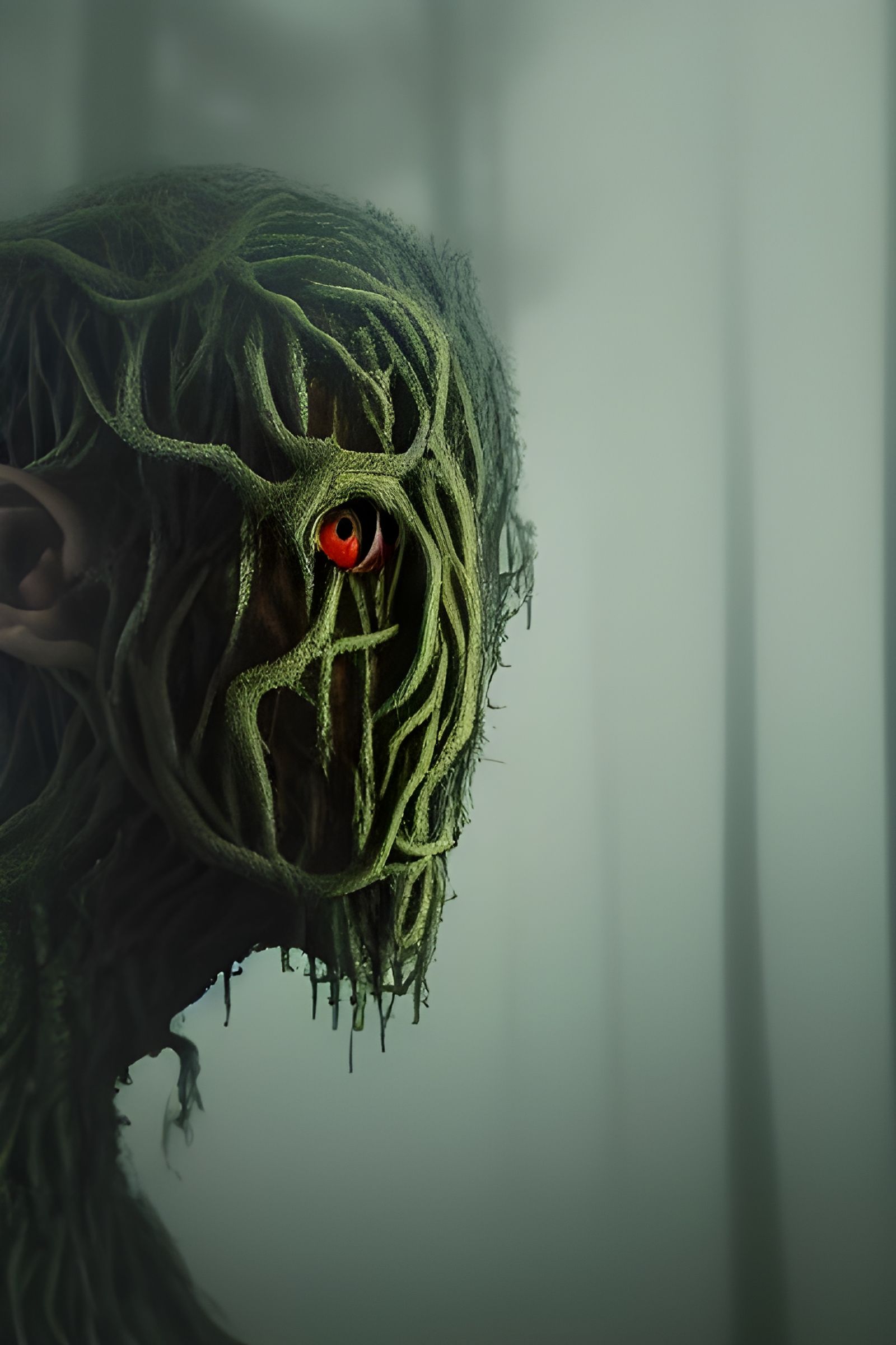 Creepy Vine Creature Emerging from Misty Woods