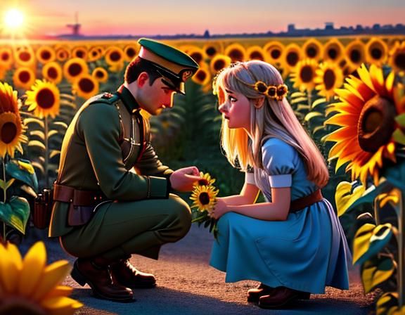 Soldier Receives Sunflower as Symbol of Peace