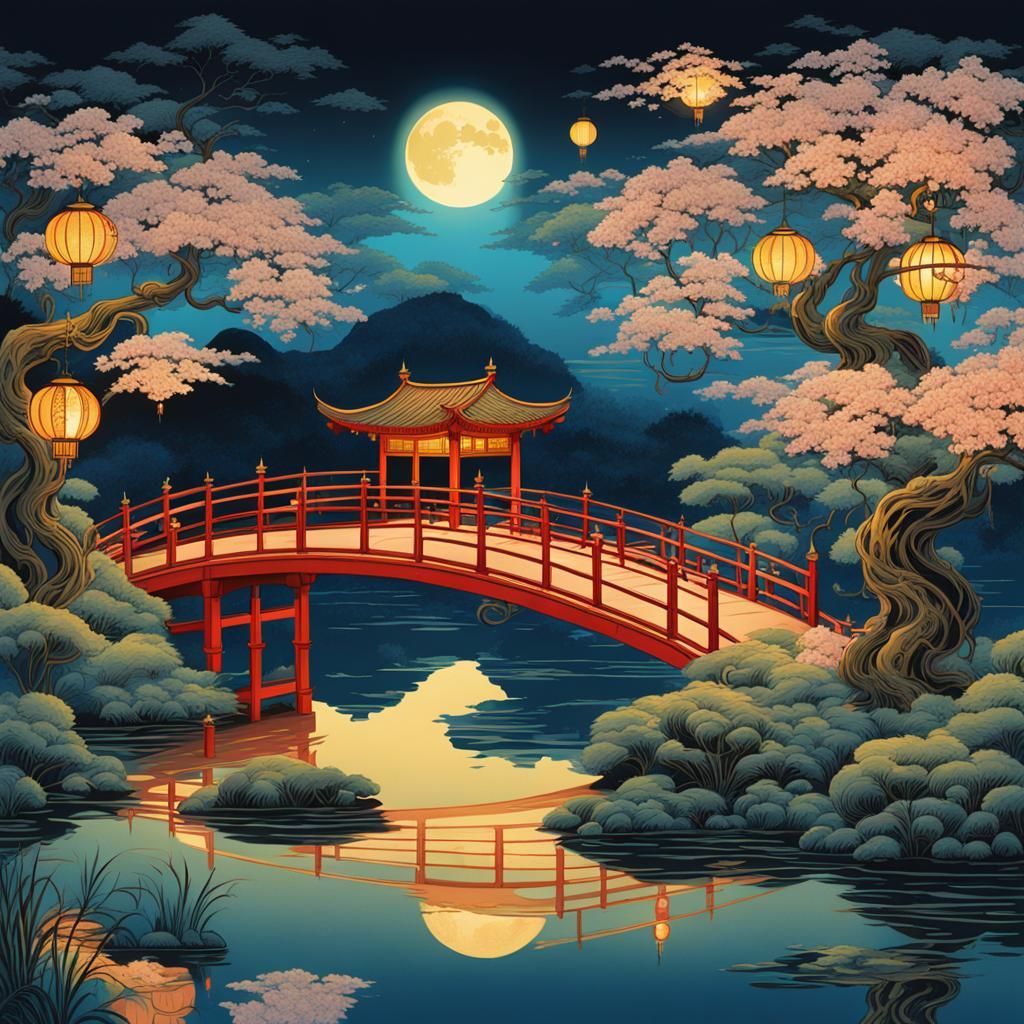 Ancient Chinese Princess with Lotus Flowers at Night