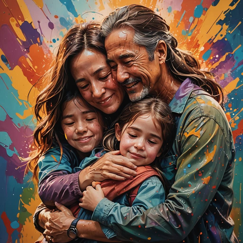 A little girl hugging her mom and dad.