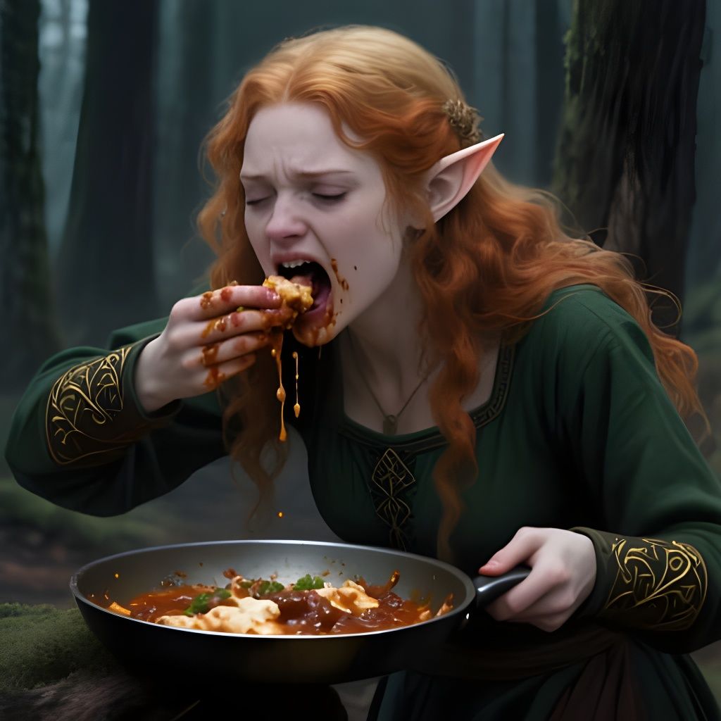 Dramatic Portrait of a Hungry Elf Woman Eating Messily