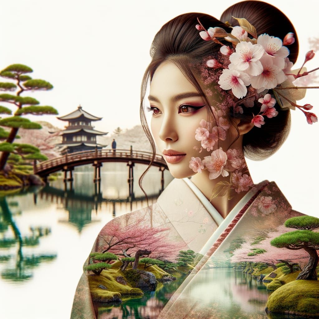 Double Exposure Portrait: Japanese Woman and Cherry Blossoms